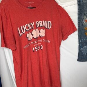 Lucky Brand Coral-Red Graphic Tee with Clover Print